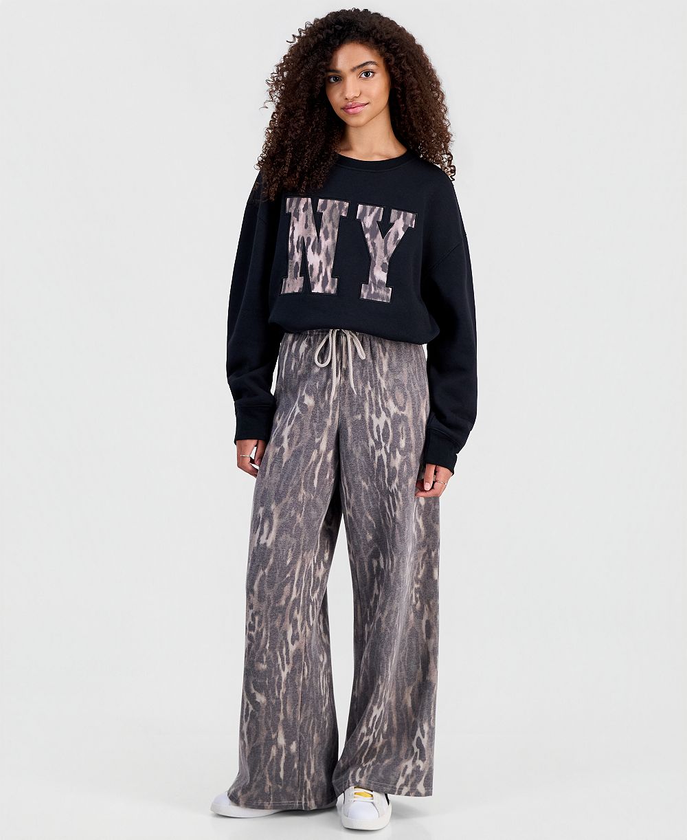 Madden Girl Juniors' Leopard-Print Wide-Leg Sweatpants