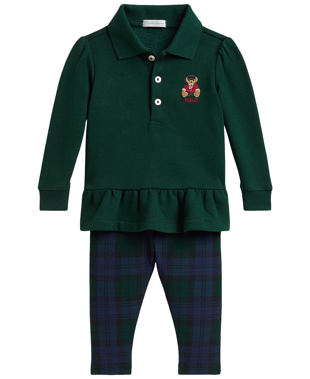 Ralph Lauren детский комплект из топа с пеплумом и клетчатых леггинсов с медведем Polo, 2 предмета