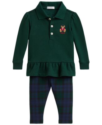Ralph Lauren детский комплект из топа с пеплумом и клетчатых леггинсов с медведем Polo, 2 предмета