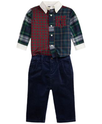 Polo Ralph Lauren Детский комплект из клетчатой рубашки в рубчик и брюк с длинным рукавом для мальчиков, 2 предмета