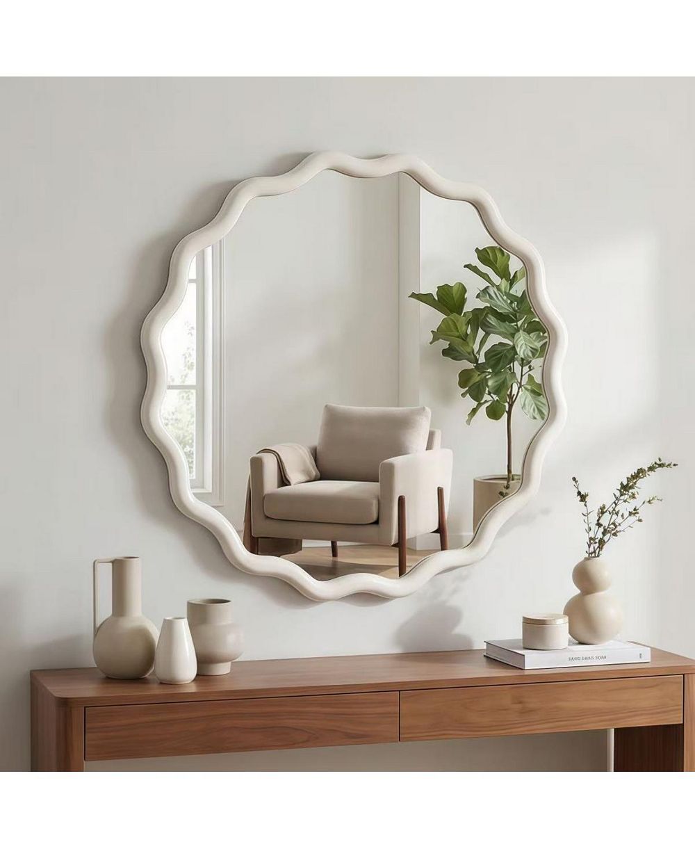 LAOTIES 24" Round Wavy Wood Frame Accent Mirror for Entryway and Bathroom