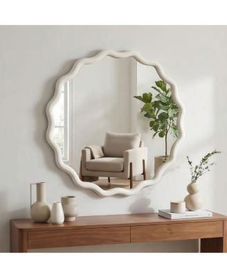 LAOTIES 24" Round Wavy Wood Frame Accent Mirror for Entryway and Bathroom
