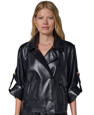 Donna Karan New York Petite Faux Leather Roll-Sleeve Collared Short Jacket