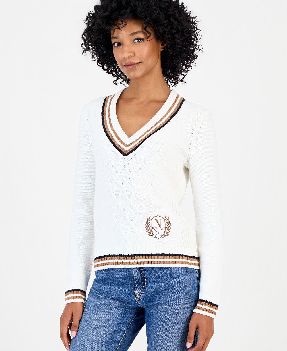 Nautica Women's V-Neck Varsity Tipped Sweater