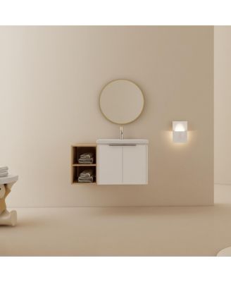 Sillysis 36 Inch Wall Mounted Bathroom Vanity with Ceramic Sink, Storage Shelves, Soft Close Doors, Modern Floating Cabinet