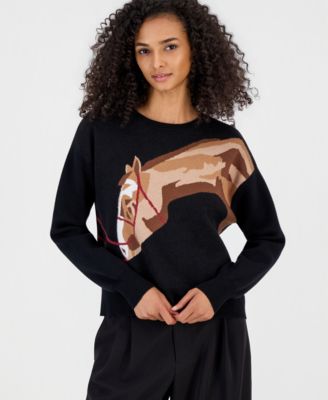T Tahari Women's Intarsia-Knit Horse Graphic Long-Sleeve Sweater
