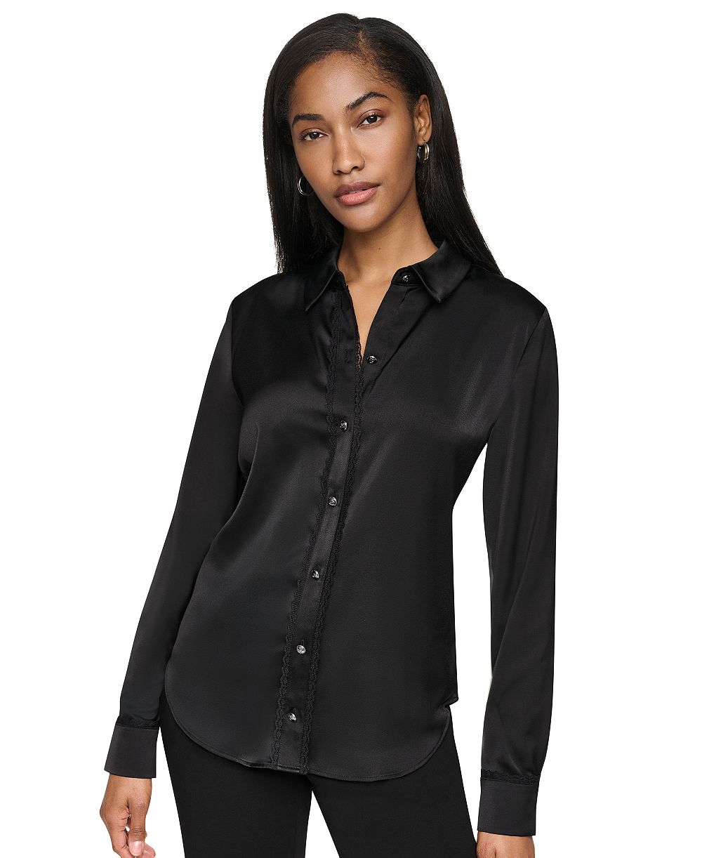 DKNY топ Petite Satin Front-Button с длинным рукавом