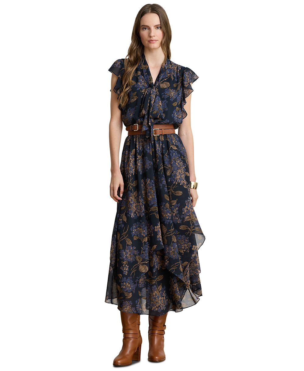 Lauren Ralph Lauren Petite  Floral Crinkle Georgette Tie-Neck Midi Dress