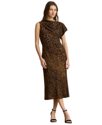 Женское платье Petite Lauren Ralph Lauren асимметричное с воротником и плиссированное из крепа с принтом Ocelot