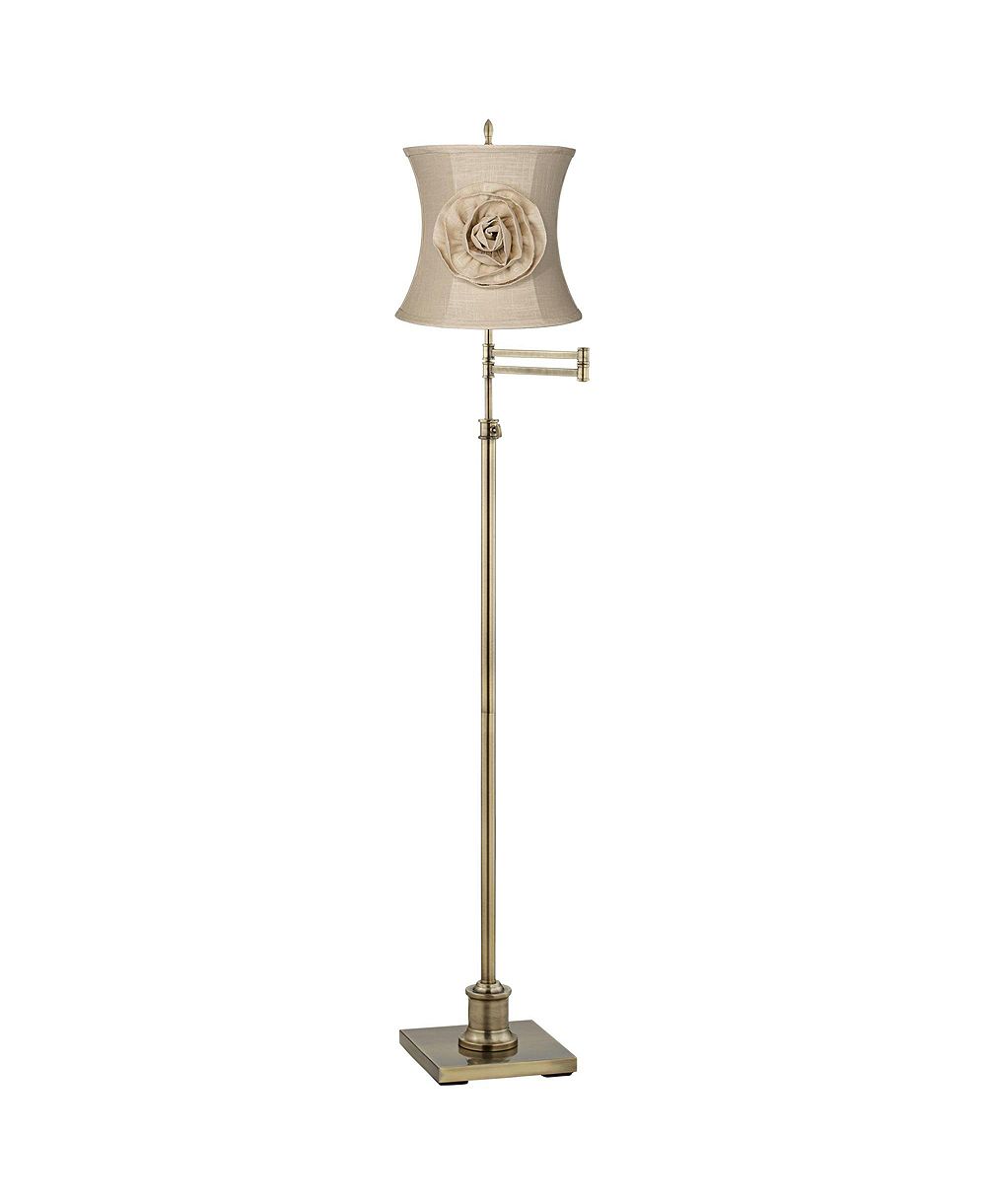 Regency Hill Traditional Swing Arm Floor Lamp Adjustable Height 70" Tall Antique Brass Almond Flower Linen Drum Shade Living Room Bedroom