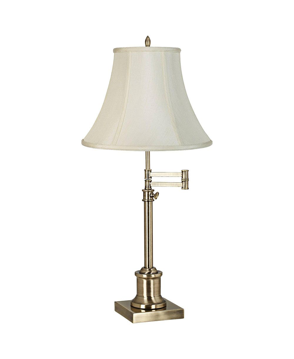360 Lighting Traditional Swing Arm Desk Table Lamp Adjustable Height 36" Tall Antique Brass Imperial Fabric Bell Shade Living Room