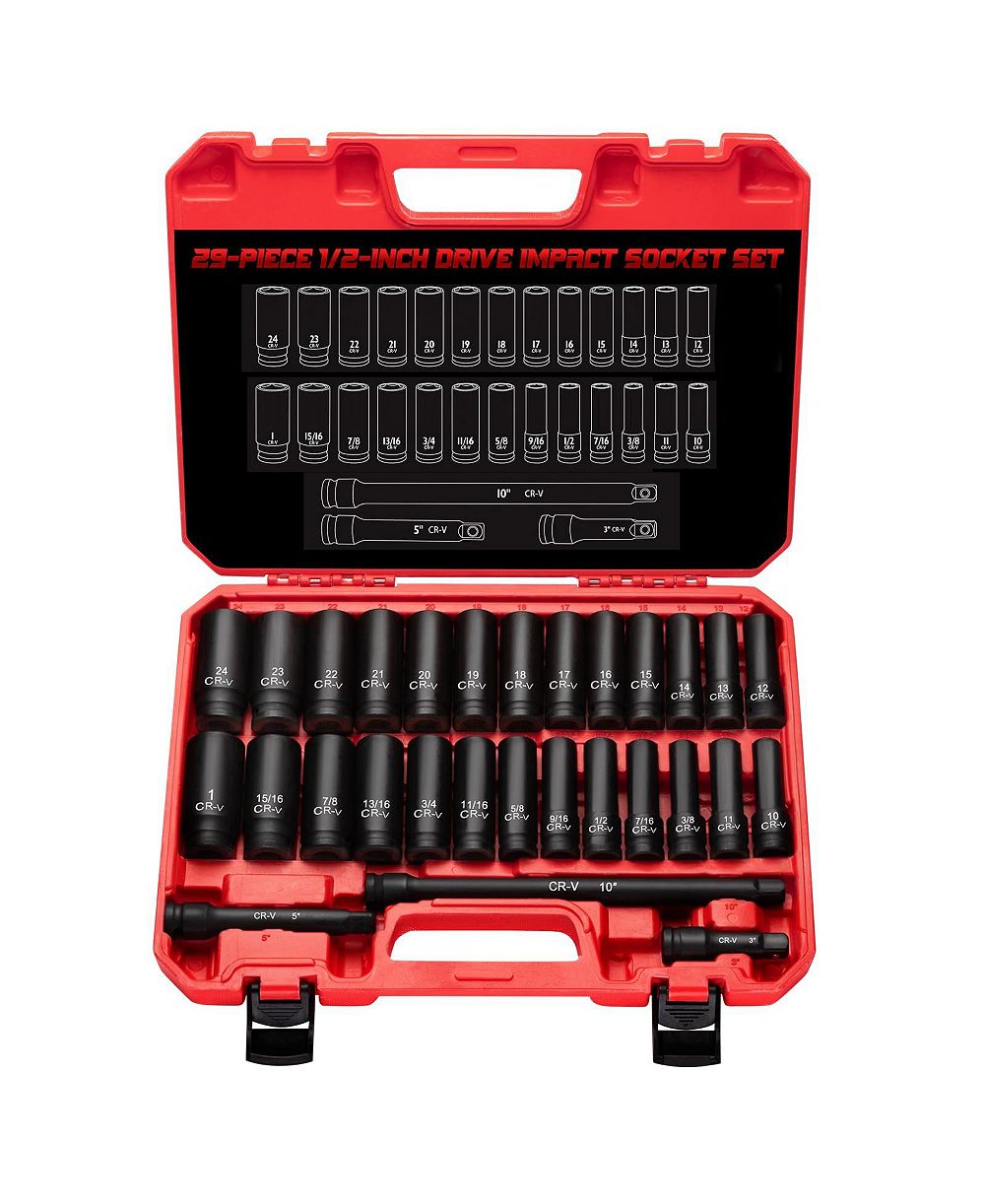 XDOVET 1/2inch  Drive Impact Socket Set 29pieces   Deep SAE and Metric With Extension