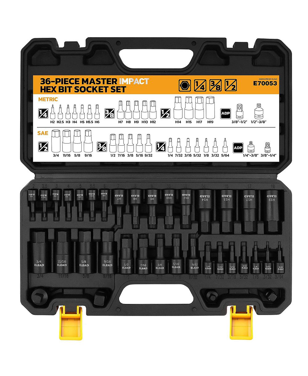 XDOVET Hex Bit Impact Socket Set 36-Piece 1/4inch  3/8inch  1/2inch  Drive SAE Metric Cr-V Steel