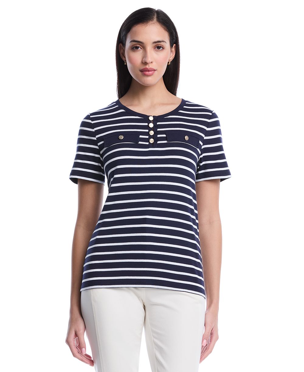 Rafaella Petite Striped Welt Pocket Short-Sleeve Top