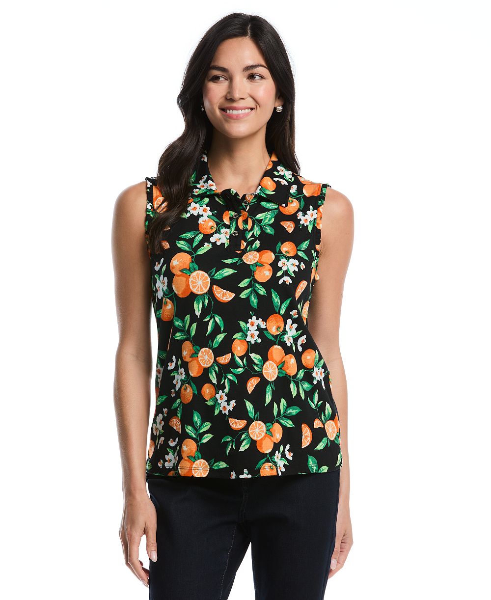 Женская рубашка Rafaella Petite Orange Print Ruffle-Trim Sleeveless Polo