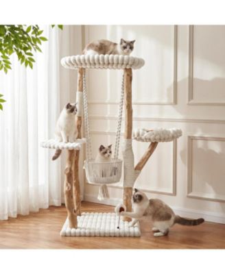 Tribesigns Solid Wood Cat Tree with Scratching Posts, Tall Cat Tower with Swinging Basket Hammock, Washable Cushion, Dangling Toy