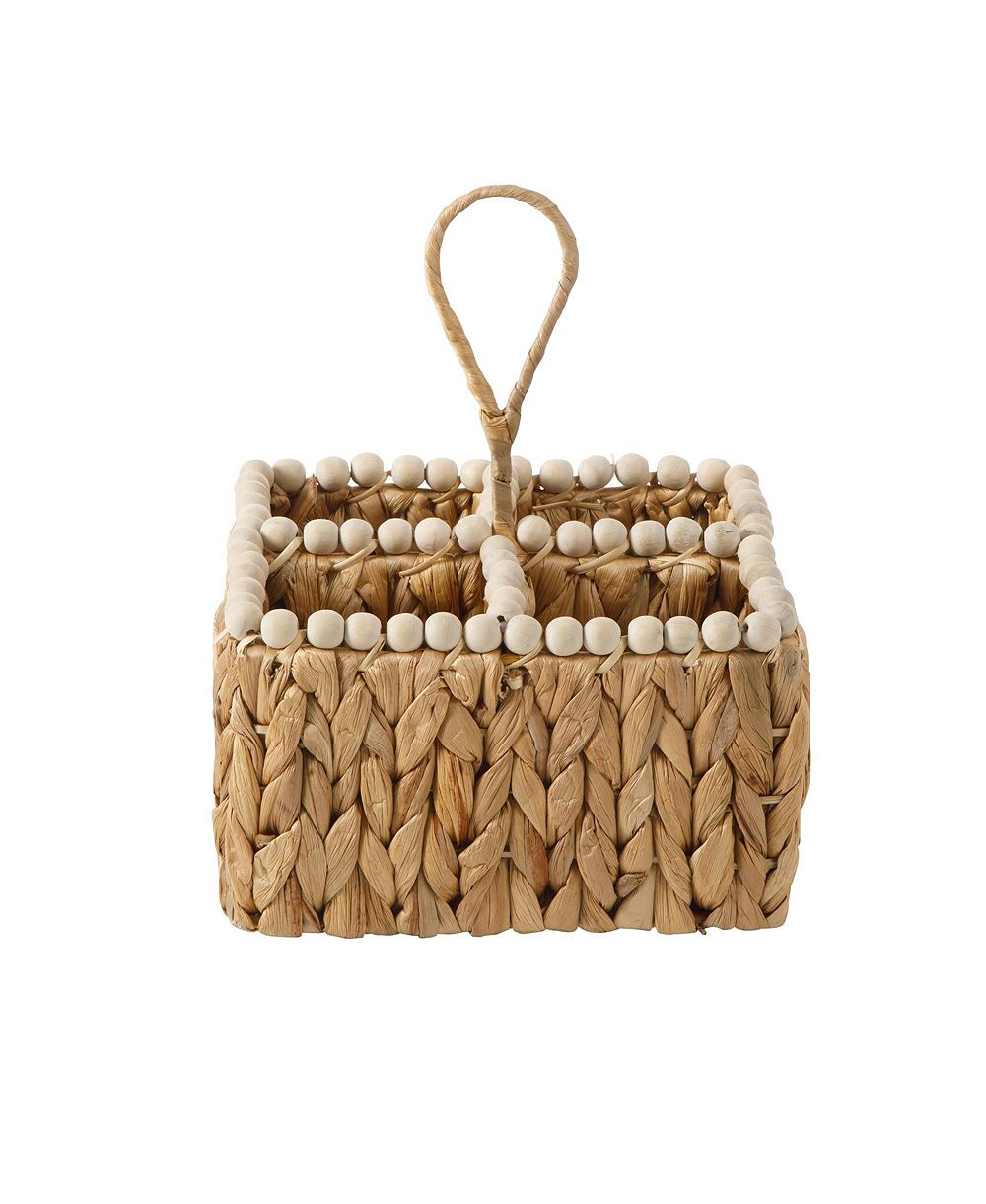 Gibson Home Woven Utensil Caddy with 4 Compartments, Hand-Braided Water Hyacinth Basket with Wood-Bead Trim