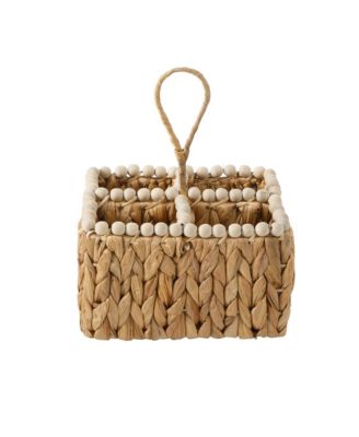 Gibson Home Woven Utensil Caddy with 4 Compartments, Hand-Braided Water Hyacinth Basket with Wood-Bead Trim