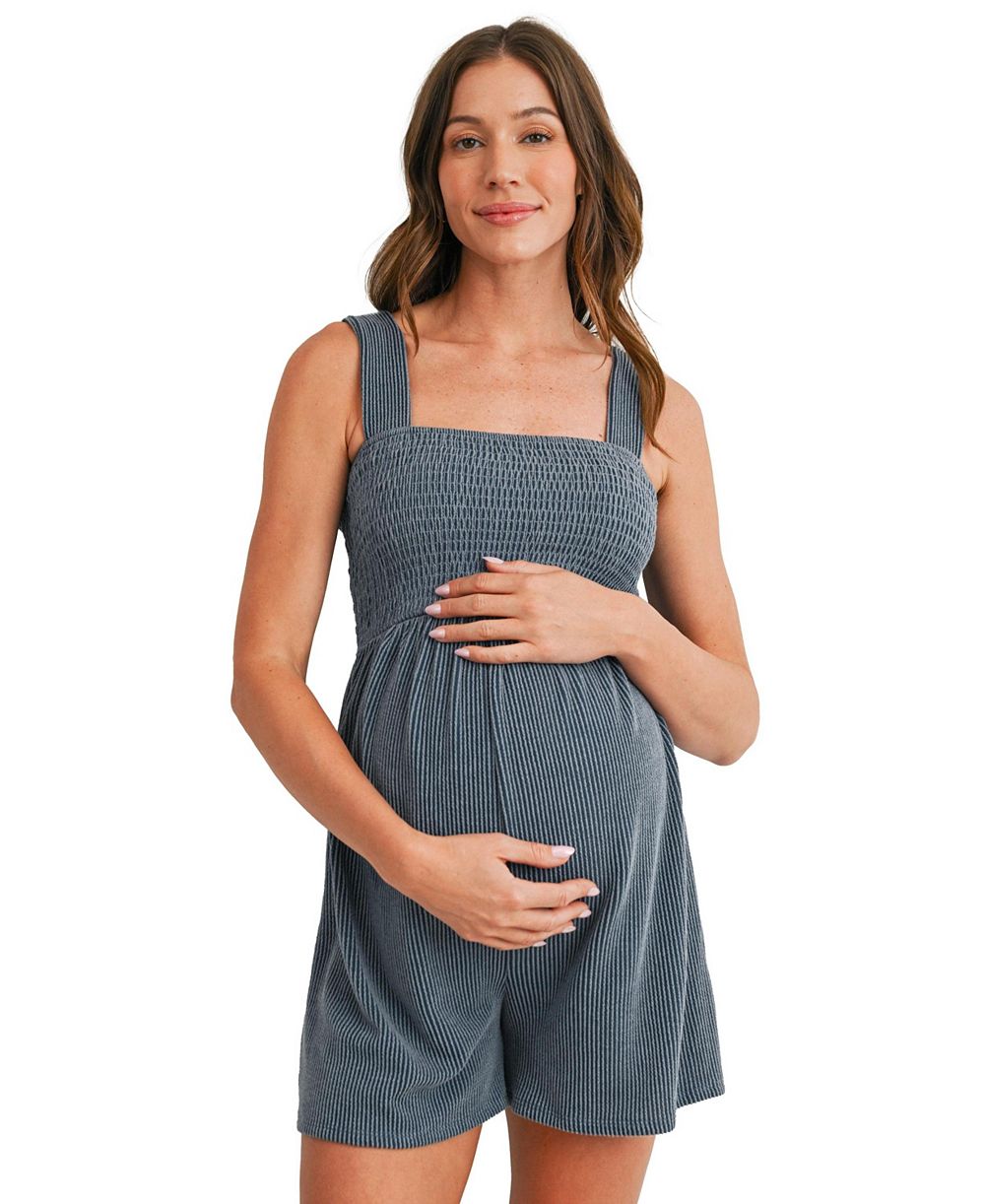 Hello Miz Women's Maternity Sleeveless Smocked Square Neck Ribbed Romper