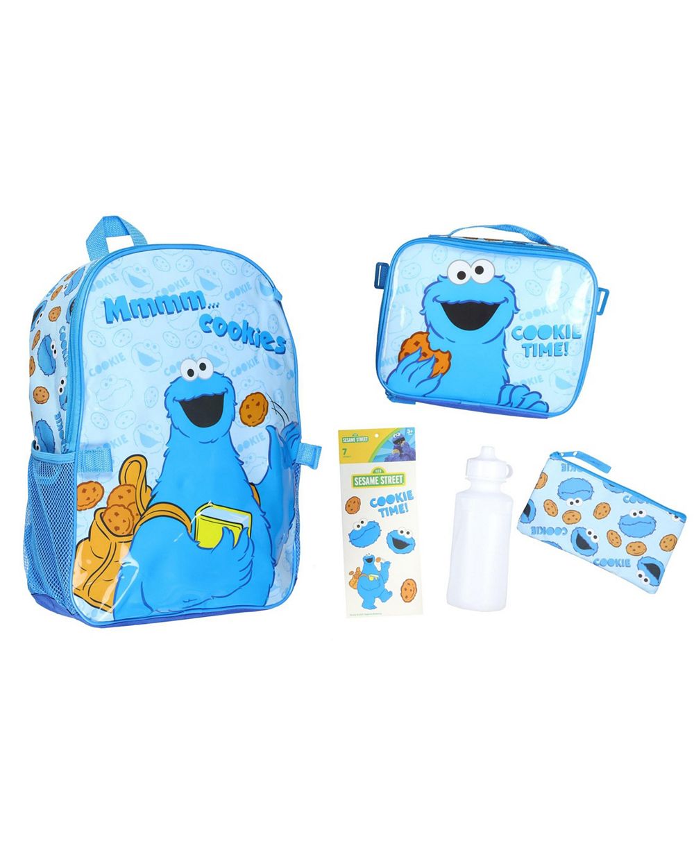 Sesame Street Cookie Monster Backpack 5-Piece Mega Set Cookie Time Kids School Bag Lunch Box Pencil Case Water Bottle 16"