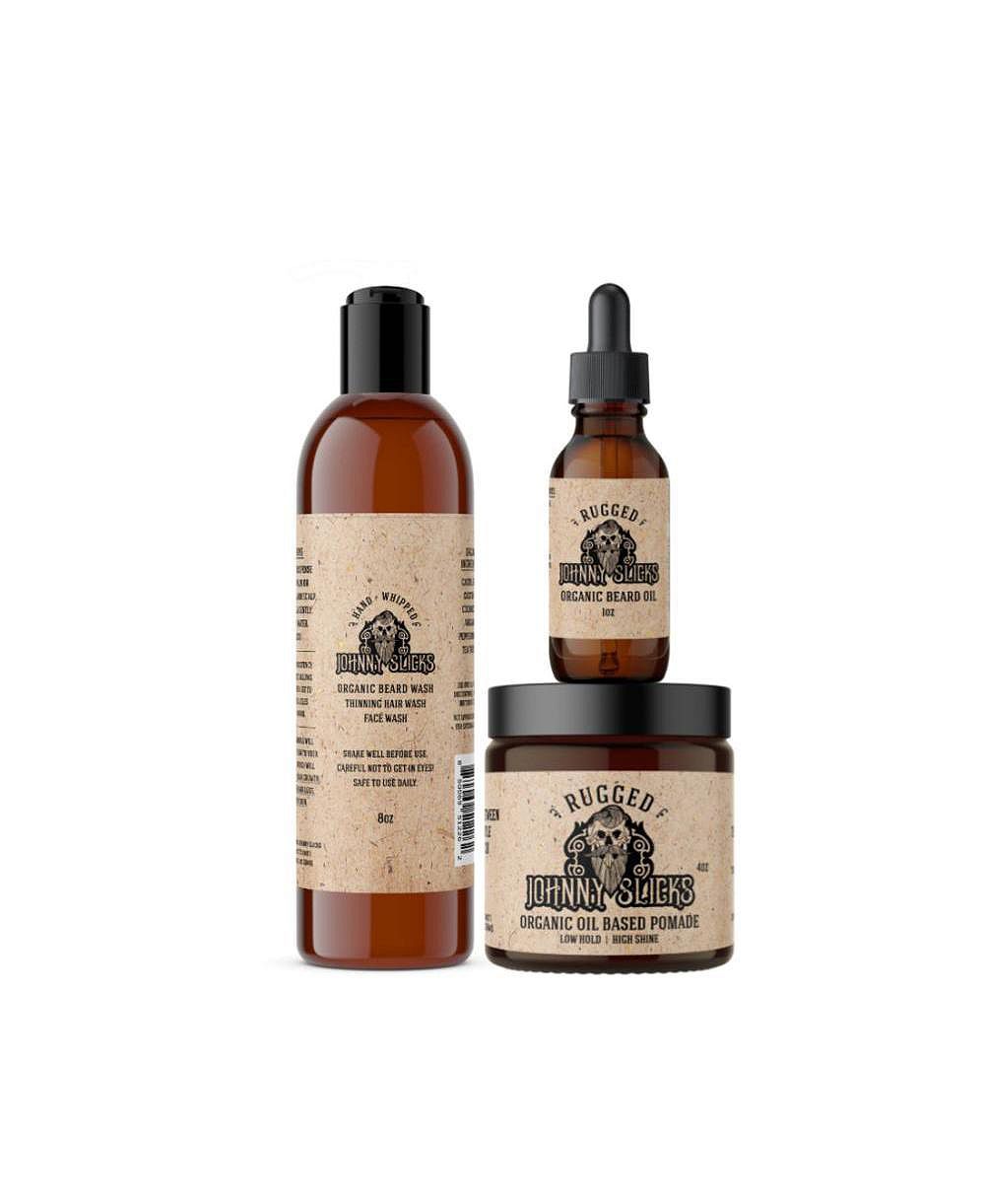 Johnny Slicks Thinning Hair Kit | Oil Based Pomade, Beard Oil and Beard Wash | Rugged Scent