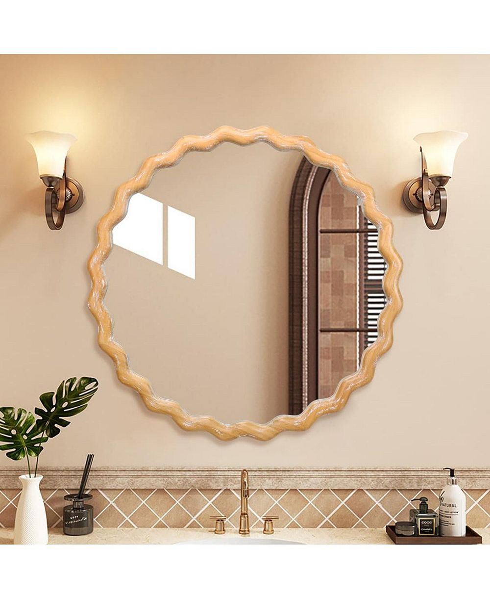 LAOTIES 28" Round Wavy Wall Mirror, Wood Frame Decorative Mirror for Bathroom and Living Room