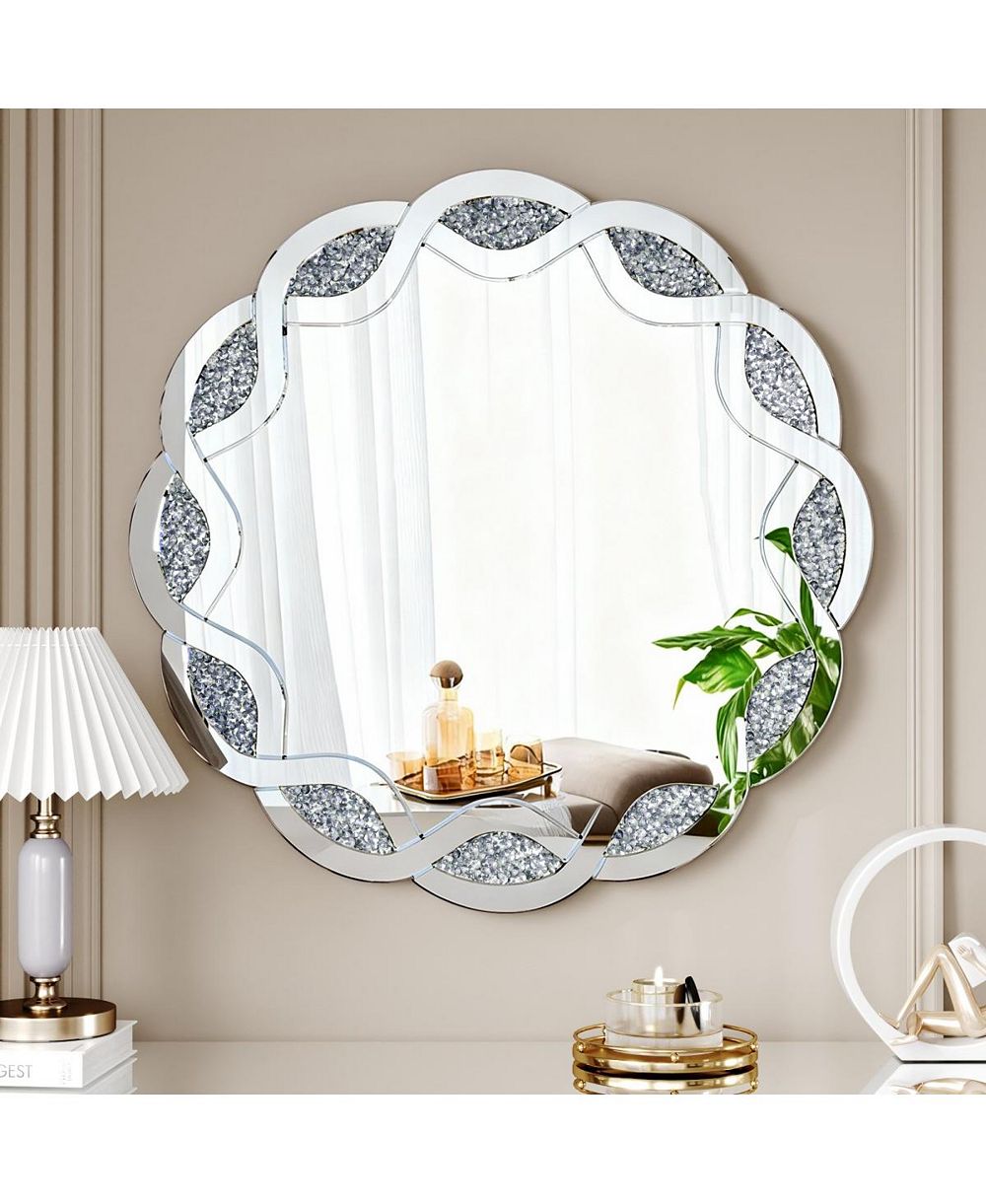 LAOTIES 31.5" Round Wall Mirror, Diamond Decorative Vanity Mirror for Bathroom, Entryway and Living Room