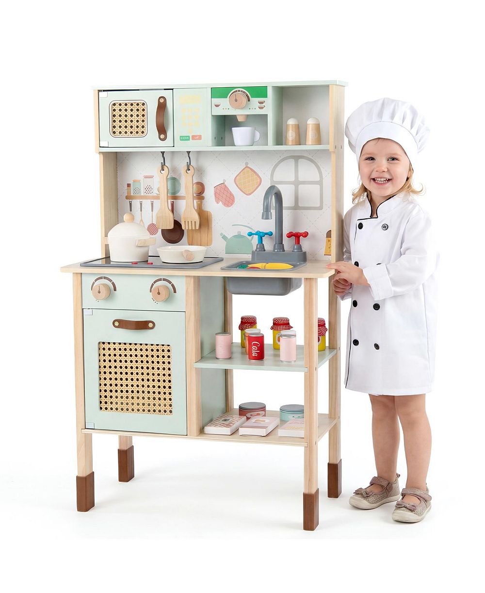 Gymax Double-Sided Wooden Kids Play Kitchen Playset, Ages 3+