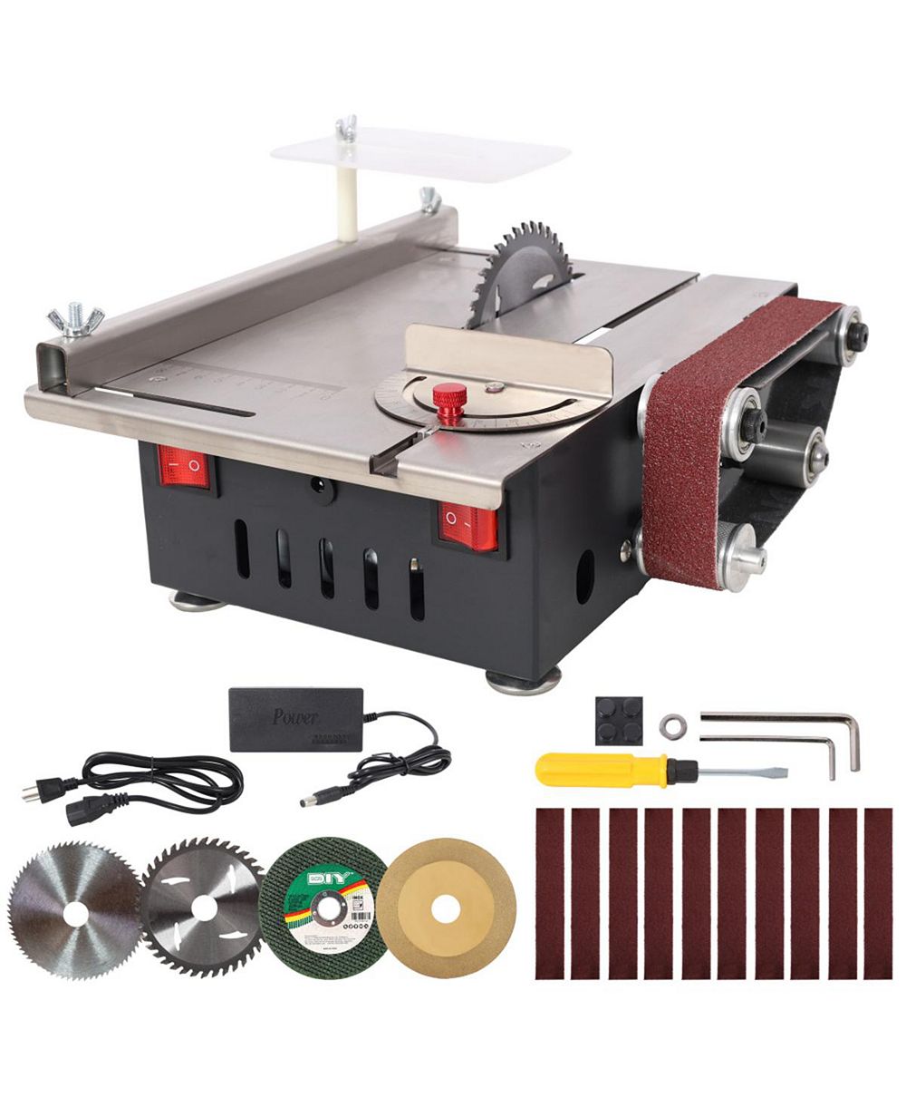 YOBTOP Mini Table Saw Belt Sander, Stainless Steel Top, 4 Blades,10 Sanding Belts,7 Gear 0-90 Adjustable Angle, DIY Cutting Tool