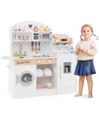 Costway детский кухонный набор из дерева с часами, микроволновкой, раковиной и сушилкой для посуды
