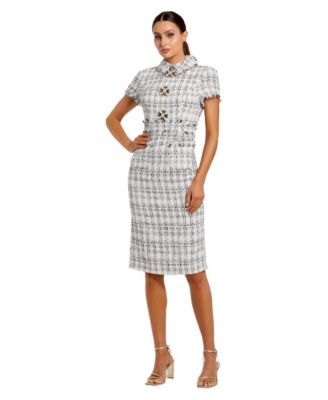 Женское платье Mac Duggal Fitted Boucle Short Sleeve Button Up Midi