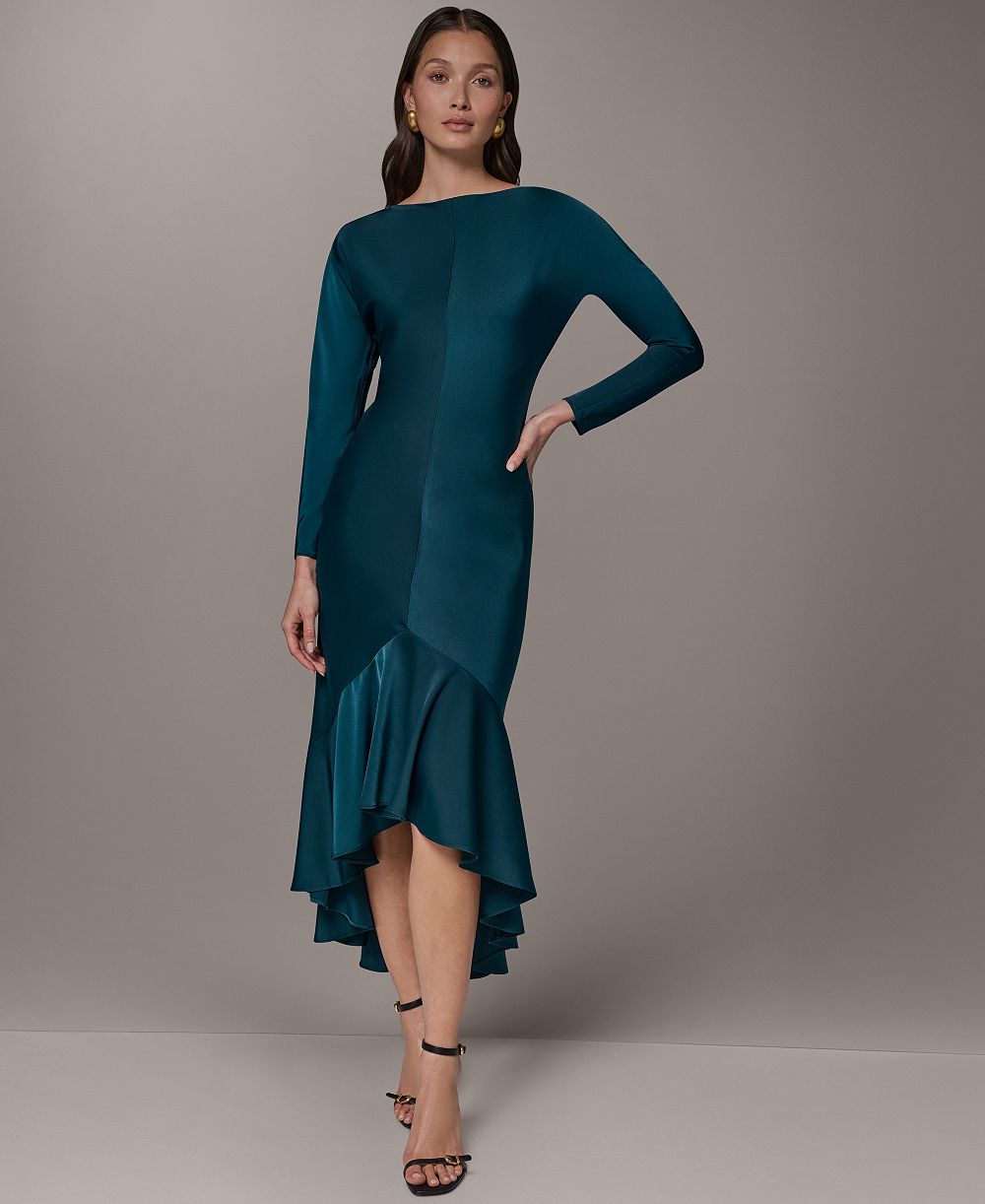 Женское атласное платье Donna Karan New York Long-Sleeve High-Low Flounce Hem