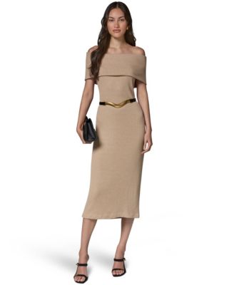 Donna Karan New York Women's Off-the-Shoulder Belted Sweater Dress