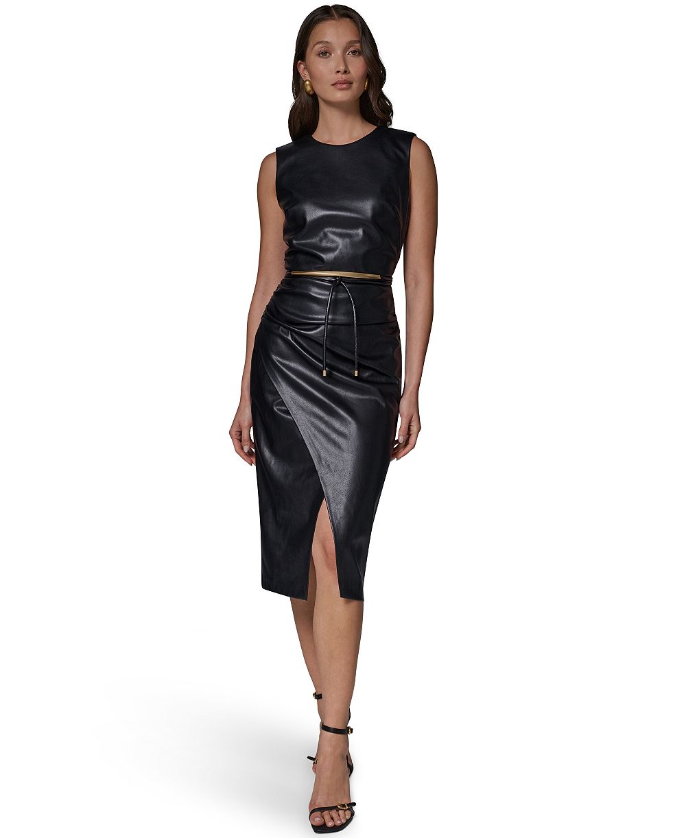 Donna Karan New York Sleeveless Faux Leather Side-Ruched Midi Dress with Lariat Belt