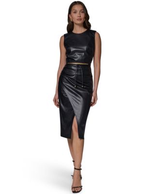 Женское миди-платье Donna Karan New York Sleeveless Faux Leather Side-Ruched с поясом-лариатом