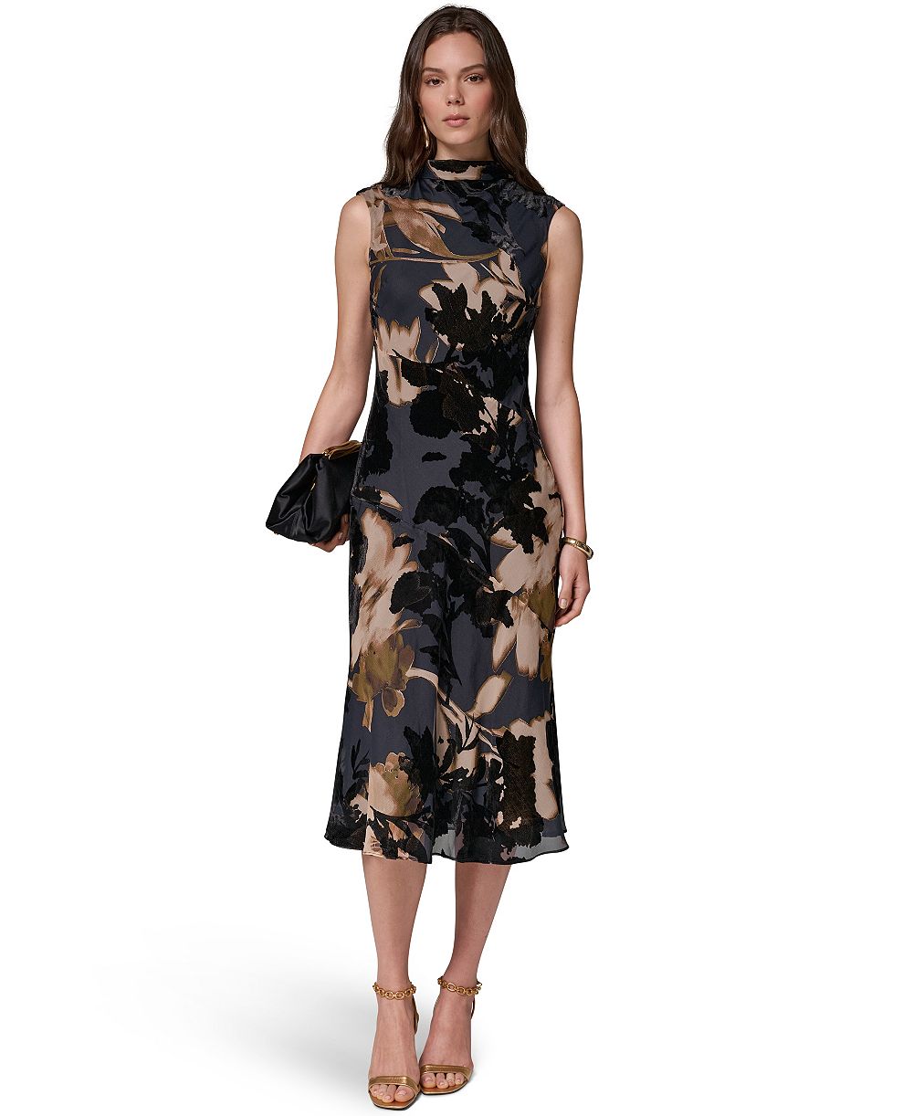 Donna Karan New York Женское миди-платье А-силуэта из бархата с цветочным принтом