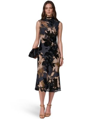 Donna Karan New York Women's Floral-Print Velvet Burnout A-Line Midi Dress