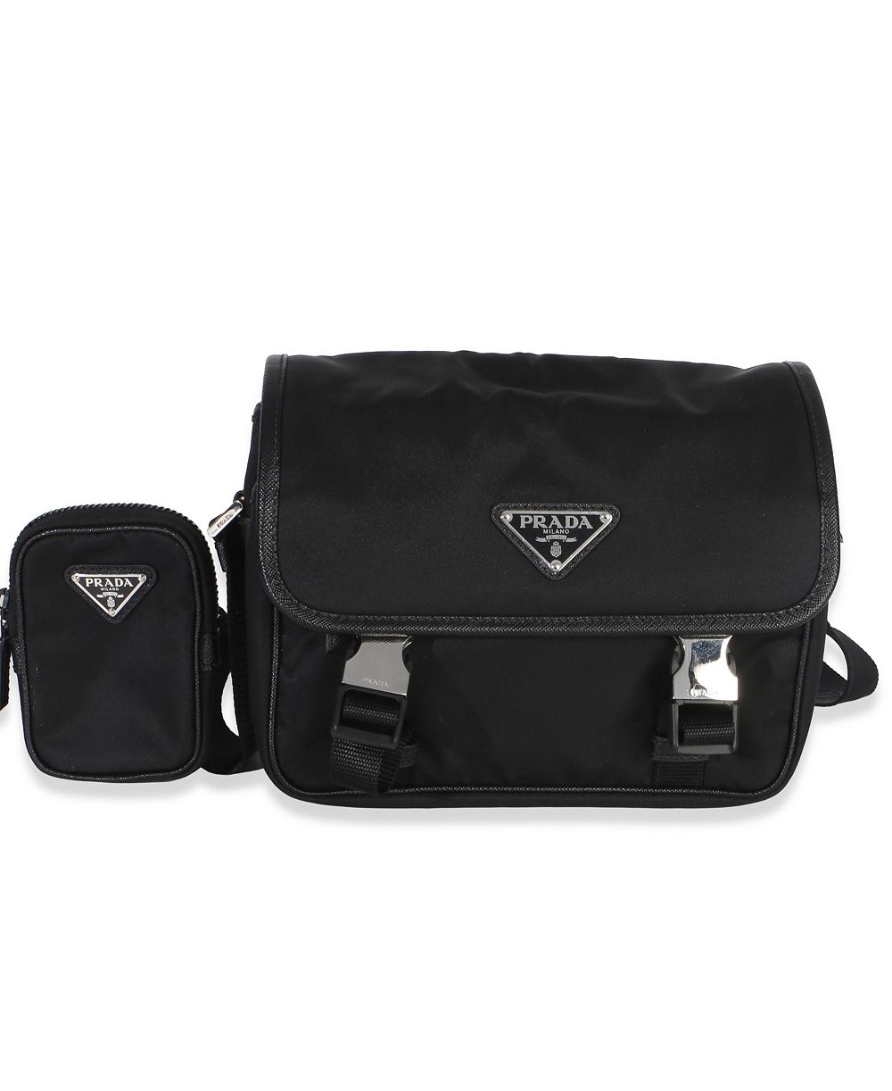 Pre-Owned Prada Black Re-Nylon Saffiano Double Buckle Messenger Bag