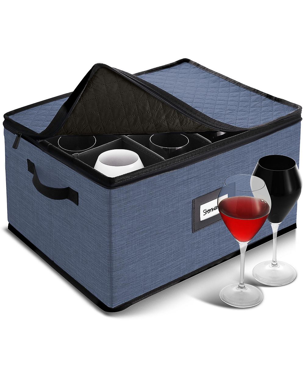 StorageBud Wine Glass Storage Box with Dividers, Quilted and Stackable Stemware Storage Cases