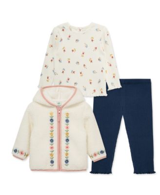 Little Me Baby Girls' Sherpa Jacket, Floral Print Top and Pants, 3-Piece Set