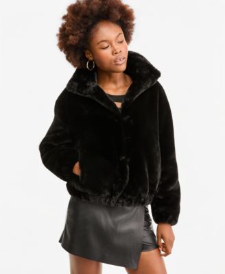 GUESS Women's Xena Long-Sleeve Faux Fur Synched Waist and Cuffs Bomber Jacket