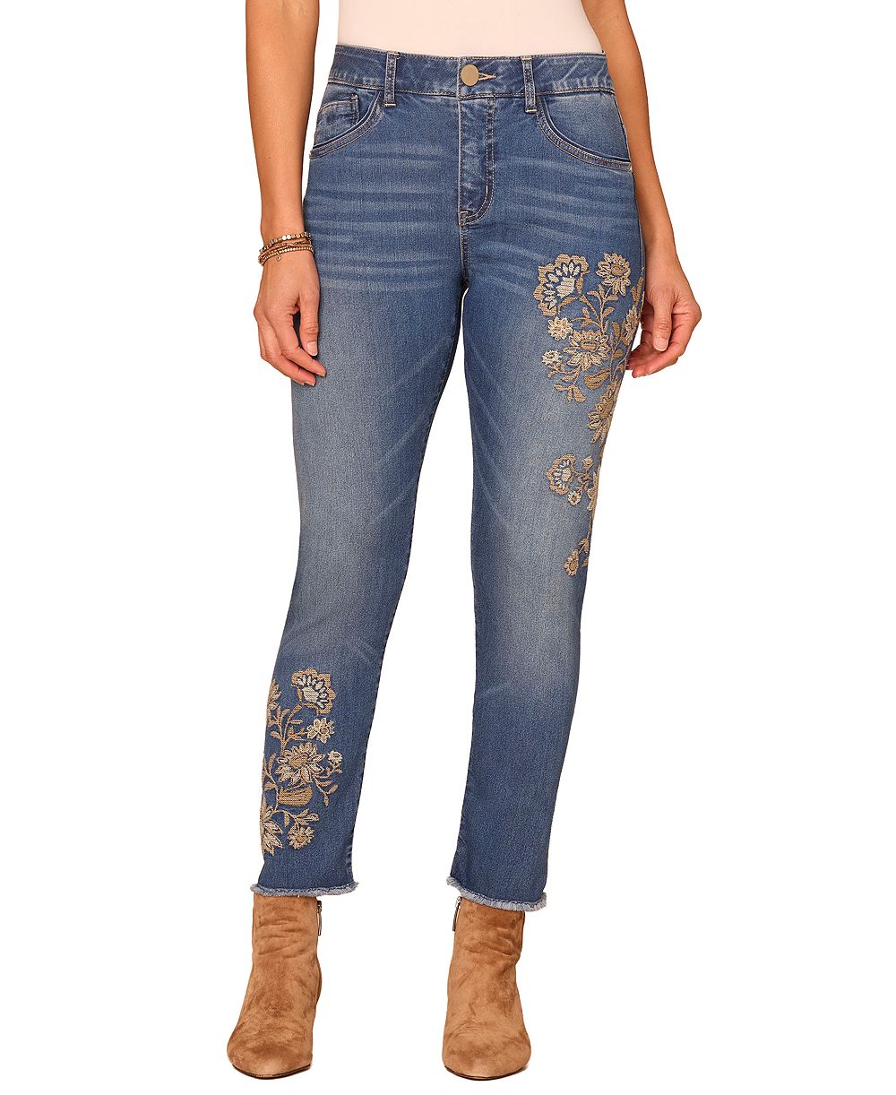 Democracy Petite "Ab"solution High-Rise Slim Floral-Embroidered Jeans