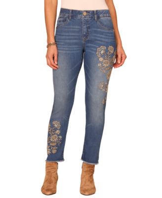 Democracy Petite "Ab"solution High-Rise Slim Floral-Embroidered Jeans