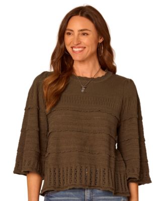 Democracy Petite 3/4-Length Bell-Sleeve Scalloped-Edge Sweater