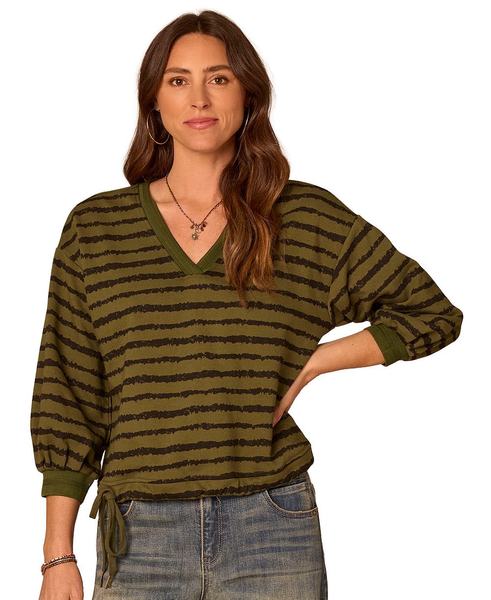 Женский топ Democracy Petite Striped 3/4-Sleeve Blouson V-Neck