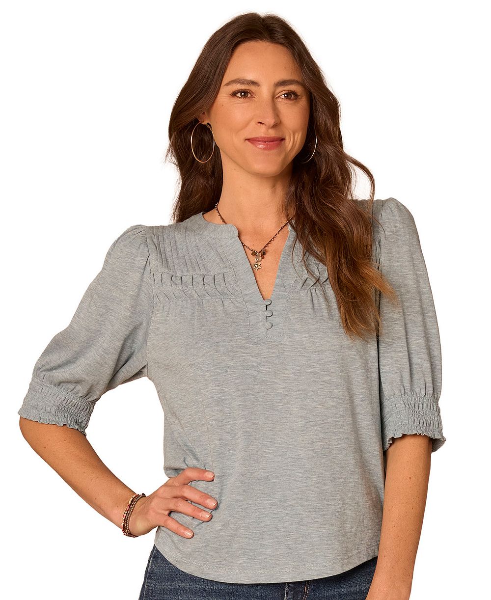 Democracy Petite Mandarin Collar Blouson-Sleeve Knit Top