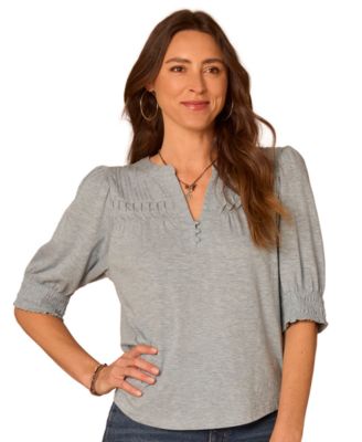 Democracy Petite Mandarin Collar Blouson-Sleeve Knit Top