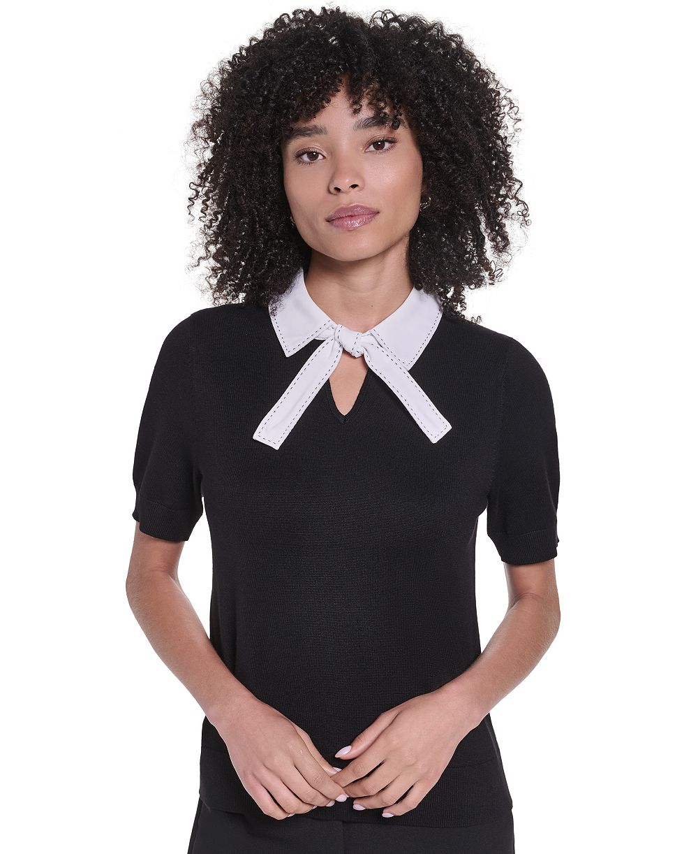 KARL LAGERFELD PARIS Women's Short-Sleeve Collared Keyhole Sweater