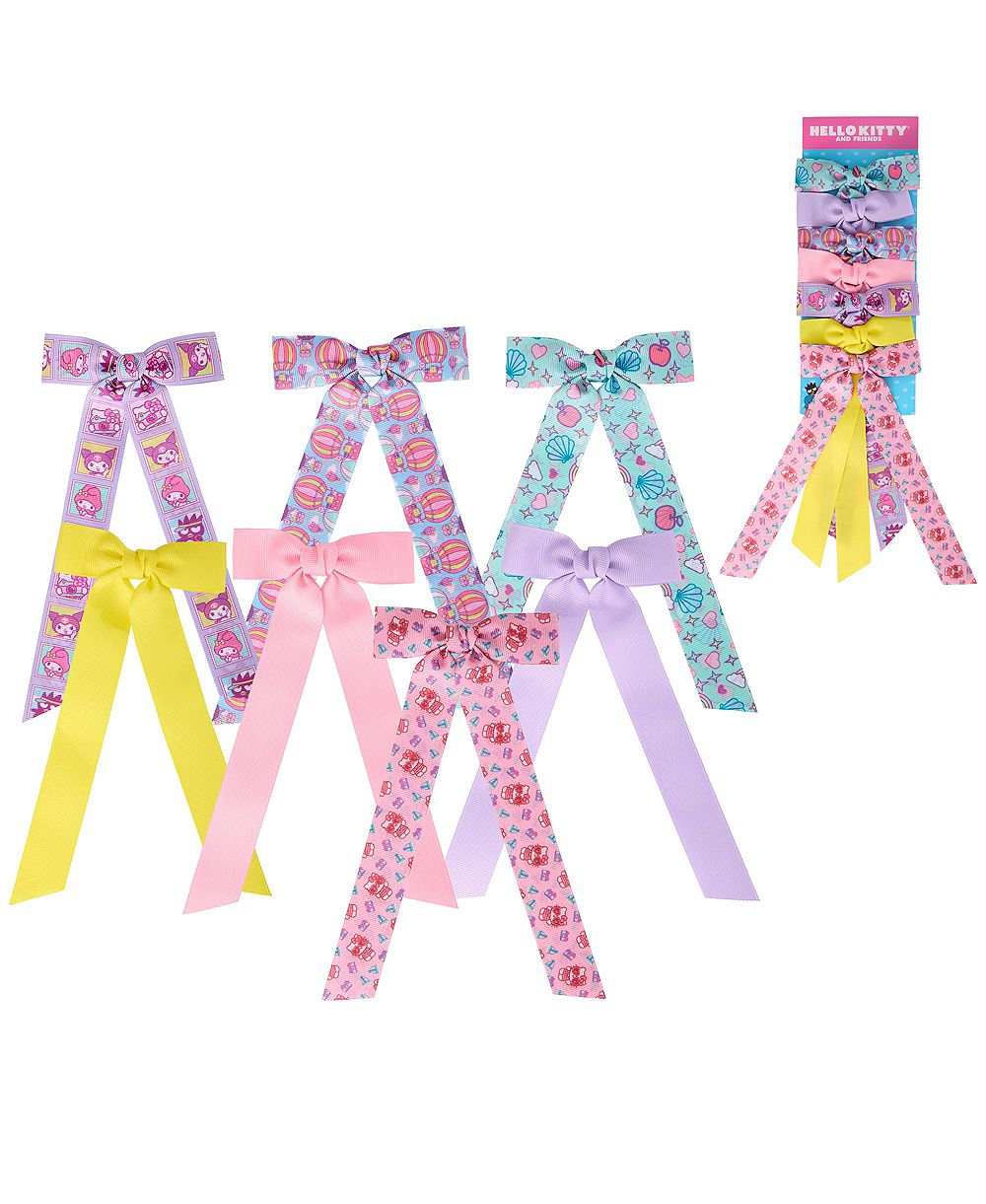 Hello Kitty and Friends Long Hair Bows 7-Piece Set Official License, Sanrio Hair Accessories with Kuromi and My Melody