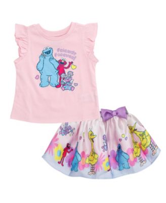 Sesame Street Little Girls' 5-8 T-Shirt 2-Piece and Satin Skirt Set